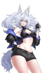 Rule 34 | 1girl, absurdres, alternate costume, animal ear fluff, animal ears, bare shoulders, blue eyes, breasts, cleavage cutout, clothing cutout, cowboy shot, crop top, fingerless gloves, girls&#039; frontline, gloves, groin, heart, heart-shaped pupils, highres, long hair, looking at viewer, medium breasts, navel, off shoulder, open mouth, pa-15 (girls&#039; frontline), shiny skin, short shorts, shorts, smile, solo, symbol-shaped pupils, tail, thick eyebrows, thighs, tofu (killer150), twintails, very long hair