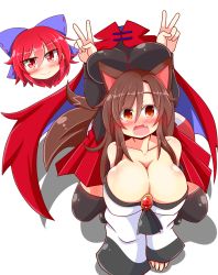 Rule 34 | 2girls, all fours, animal ears, bare shoulders, black legwear, black shirt, blue bow, blush, bow, breasts, brooch, brown hair, cape, collarbone, disembodied head, dress, hair bow, high collar, highres, imaizumi kagerou, jewelry, large breasts, long sleeves, looking at viewer, multiple girls, off-shoulder dress, off shoulder, open mouth, orange eyes, red eyes, red hair, red skirt, riding, rindou (p41neko), sekibanki, shirt, skirt, smile, tail, thighhighs, touhou, wide sleeves, wolf ears, wolf tail