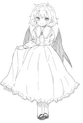 Rule 34 | 1girl, bat wings, blush, commentary request, dress, fang, fang out, frilled skirt, frills, full body, greyscale, hatching (texture), highres, linear hatching, long sleeves, looking at viewer, mary janes, monochrome, pointy ears, remilia scarlet, shoes, short hair, sketch, skirt, smile, solo, touhou, waira, wings