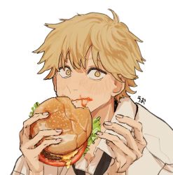Rule 34 | 1boy, black necktie, blonde hair, burger, chainsaw man, collared shirt, denji (chainsaw man), eating, food, food on face, highres, holding, holding food, ketchup, lettuce, long sleeves, looking at another, looking at viewer, necktie, shirt, short hair, simple background, sleeves rolled up, solo, stain, tasuketemama, tomato, white background, white shirt, yellow eyes