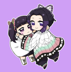 Rule 34 | 2girls, :i, black footwear, black hair, black pants, black skirt, blunt bangs, blush, boots, butterfly hair ornament, cape, chibi, closed mouth, commentary, cross-laced footwear, forehead, gradient hair, hair ornament, highres, kimetsu no yaiba, kochou shinobu, lace-up boots, long sleeves, looking at viewer, looking back, multicolored hair, multiple girls, nozo (hitomiz), outline, pants, pleated skirt, puffy pants, purple background, purple eyes, purple hair, side ponytail, simple background, skirt, smile, symbol-only commentary, tsuyuri kanao, white cape, white footwear, white outline, wide sleeves