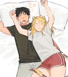 Rule 34 | 1boy, 1girl, animal ears, arm up, arms up, arrow (symbol), bare arms, bed sheet, black hair, black shirt, blonde hair, breasts, calico, cat ears, cat girl, cat tail, commentary, cowboy shot, drooling, english commentary, english text, facing viewer, fullmetal alchemist, highres, kemonomimi mode, long hair, lying, lying on person, on back, on bed, pillow, raicchi (raicchi96), red shorts, riza hawkeye, roy mustang, shirt, short hair, short sleeves, shorts, sketch, sleeping, t-shirt, tail, white shirt