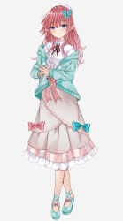 Rule 34 | 1girl, absurdres, akino ell, aqua jacket, beret, blue bow, blue eyes, blue footwear, blush, bow, breasts, brown hair, brown skirt, center frills, closed mouth, collared shirt, commentary request, crossed legs, frilled skirt, frills, full body, grey background, hair between eyes, hair bow, hat, highres, hood, hood down, hooded jacket, jacket, layered skirt, long hair, long sleeves, looking at viewer, nail polish, neck ribbon, off shoulder, open clothes, open jacket, original, pink nails, pleated skirt, pointy ears, red bow, red ribbon, ribbon, shirt, shoes, simple background, skirt, sleeves past wrists, small breasts, smile, solo, standing, steepled fingers, striped, striped bow, virtual youtuber, white hat, white shirt