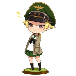 Rule 34 | 1girl, black bow, black bowtie, black footwear, blonde hair, boots, bow, bowtie, brown eyes, brown jacket, chibi, closed mouth, erwin (girls und panzer), faux figurine, girls und panzer, goggles, goggles on headwear, green hat, hands in pockets, hat, jacket, knee boots, long sleeves, looking at viewer, military hat, military jacket, ooarai military uniform, ooarai school uniform, open clothes, open jacket, peaked cap, pointy hair, school uniform, shinaso (sachi-machi), short hair, simple background, smile, solo, sonasiz, sparkle, standing, white background