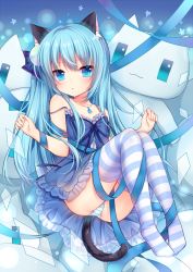 Rule 34 | 1girl, amashiro natsuki, animal ears, ass, babydoll, bare shoulders, blue eyes, blue hair, cat ears, cat tail, collarbone, entangled, hair ornament, jewelry, long hair, looking at viewer, matching hair/eyes, necklace, off shoulder, original, panties, pendant, ribbon, sitting, solo, strap slip, striped clothes, striped panties, striped thighhighs, stuffed animal, stuffed cat, stuffed toy, tail, thighhighs, underwear, upskirt, very long hair