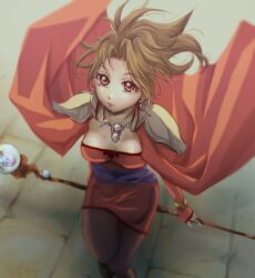 Rule 34 | 1girl, absurdres, arc the lad, arc the lad iii, breasts, brown eyes, brown hair, cape, closed mouth, dress, earrings, foot out of frame, hayosuga, highres, holding, holding staff, jewelry, lips, long hair, looking at viewer, marsia (arc the lad), medium breasts, necklace, pantyhose, ponytail, red dress, short hair, skirt, smile, solo, staff, weapon