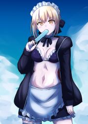 Rule 34 | 1girl, apron, artoria pendragon (all), artoria pendragon (alter swimsuit rider) (fate), artoria pendragon (alter swimsuit rider) (second ascension) (fate), artoria pendragon (fate), bikini, black bikini, blonde hair, blush, breasts, commentary request, eating, fate/grand order, fate (series), food, highres, ice cream, jacket, looking at viewer, maid, maid bikini, maid headdress, medium breasts, mouth hold, navel, popsicle, saber alter, senshiya, short hair, solo, swimsuit, unconventional maid, yellow eyes
