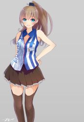 Rule 34 | 10s, 1girl, :d, armpits, arms behind back, bare shoulders, blue eyes, blush, breasts, brown hair, brown skirt, brown thighhighs, cleavage, cleavage cutout, clothing cutout, copyright name, employee uniform, hand on own hip, headgear, highres, kantai collection, kumano (kancolle), lawson, name tag, open mouth, pleated skirt, shirt, signature, skirt, sleeveless, sleeveless shirt, small breasts, smile, solo, striped clothes, striped shirt, tareme, tebi (tbd11), thighhighs, uniform, vertical-striped clothes, vertical-striped shirt, zettai ryouiki
