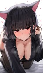 Rule 34 | 1girl, all fours, animal ears, black choker, black hair, black jacket, blue archive, breasts, choker, cleavage, clothes pull, collarbone, crawling, downblouse, halo, hand in own hair, hand up, hanging breasts, highres, hood, hooded jacket, horn/wood, jacket, kazusa (blue archive), large breasts, looking at viewer, no shirt, pantyhose, pantyhose pull, pink eyes, pov