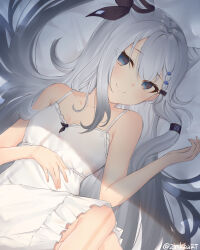 Rule 34 | 1girl, absurdres, breasts, cone hair bun, dress, grey eyes, grey hair, hair bun, hair ribbon, highres, hololive, hololive indonesia, long hair, looking at viewer, lying, on back, ribbon, small breasts, smile, solo, spaghetti strap, twitter username, vestia zeta, virtual youtuber, white dress, zinkaa