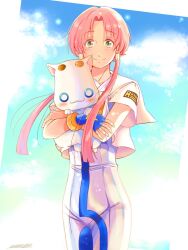 Rule 34 | 1girl, andanden, aqua sky, aria (manga), aria company uniform, aria pokoteng, blue bow, blue bowtie, blue sky, bow, bowtie, cat, cloud, cloudy sky, crying, crying with eyes open, dress, feet out of frame, gold trim, gradient sky, green eyes, hair tubes, hat, holding, long dress, mizunashi akari, parted bangs, pink hair, ribbon, short hair with long locks, short sleeves, side slit, signature, sky, smile, solo, standing, tears, white dress, white footwear
