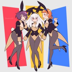 Rule 34 | 3girls, alternate costume, animal ears, annette fantine dominic, bernadetta von varley, black footwear, blue bow, blue eyes, bow, breasts, cleavage, coattails, do m kaeru, fake animal ears, fake tail, fire emblem, fire emblem: three houses, full body, high heels, leotard, long hair, looking at viewer, lysithea von ordelia, multiple girls, nintendo, orange hair, pantyhose, pink eyes, playboy bunny, purple hair, rabbit ears, rabbit tail, red bow, short hair, small breasts, standing, symbol-only commentary, tail, trait connection, white hair, yellow bow
