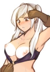 Rule 34 | 1girl, absurdres, bikini pull, blush, breasts, breath, clothes pull, fire emblem, fire emblem awakening, gloves, highres, long hair, nintendo, nipples, o-ring, o-ring top, pulling another&#039;s clothes, robin (female) (fire emblem), robin (fire emblem), simple background, solo, sweat, tan, tanline, tridisart, twintails, white background, white hair