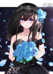 Rule 34 | 1girl, absurdres, bare shoulders, black dress, black gloves, black hair, blue eyes, blue flower, blue petals, blue ribbon, blue rose, blush, bouquet, breasts, character name, collarbone, commentary request, dated, dress, earrings, flower, gloves, hair between eyes, hair flower, hair ornament, hair ribbon, happy birthday, highres, holding, holding bouquet, idolmaster, idolmaster cinderella girls, idolmaster cinderella girls starlight stage, jewelry, medium breasts, necklace, petals, ribbon, rose, sagisawa fumika, sekia998, sleeveless, sleeveless dress, smile, solo, strapless, strapless dress, tiara