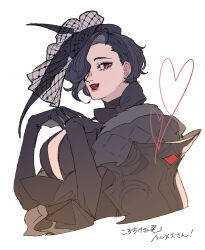 Rule 34 | 1girl, black bow, black dress, black gloves, black hair, black hat, black jacket, bow, breasts, commentary, corviknight, creatures (company), dress, elbow gloves, english commentary, eyeshadow, game freak, gen 8 pokemon, gloves, hair over one eye, hat, hat feather, heart, highres, jacket, large breasts, looking at viewer, makeup, nintendo, personification, pokemon, red eyes, simple background, sketch, solo, upper body, veil, white background, woborou