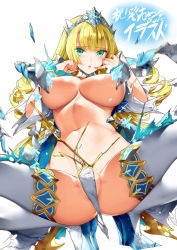 Rule 34 | 1girl, blonde hair, breasts, cinderella, cinderella (queen&#039;s blade grimoire), convenient censoring, eyebrows, green eyes, large breasts, legs, long hair, looking at viewer, navel, original, panties, parted lips, partially visible vulva, queen&#039;s blade, queen&#039;s blade grimoire, saburou (hgmg), solo, spread legs, squatting, text focus, thighhighs, thighs, tiara, torn clothes, torn panties, translation request, underwear, white panties, white thighhighs