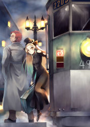 Rule 34 | 1boy, 1girl, animal ears, bad id, bad pixiv id, blonde hair, cat, cat ears, coat, hat, highres, original, red eyes, red hair, sts, suitcase, train, trench coat, yellow eyes