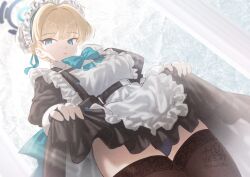 Rule 34 | 1girl, belt, black thighhighs, blonde hair, blue archive, blue panties, breasts, clothes lift, dress, dress lift, dutch angle, halo, hat, highres, lifting own clothes, looking at viewer, maid headdress, medium breasts, mob cap, neck ribbon, panties, puffy sleeves, rax1129, ribbon, solo, thighhighs, toki (blue archive), underwear
