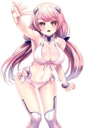 Rule 34 | 1girl, bare shoulders, bikini, blush, bracelet, breasts, cleavage, collarbone, front-tie top, hair ornament, highres, jewelry, large breasts, leaning forward, long hair, low twintails, luka (soccer spirits), official art, open mouth, pink eyes, pink hair, reason (ficafe), side-tie bikini bottom, simple background, soccer spirits, solo, string bikini, swept bangs, swimsuit, thighhighs, transparent background, twintails, untied, very long hair, white bikini, white thighhighs