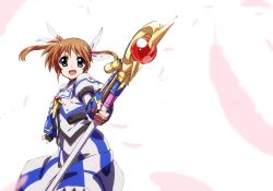 Rule 34 | 1girl, absurdres, black gloves, blue eyes, bracer, brown hair, bygddd5, commentary, dress, feathers, fingerless gloves, gloves, hair ribbon, highres, holding, holding staff, jacket, juliet sleeves, long hair, long sleeves, looking at viewer, lyrical nanoha, magical girl, mahou shoujo lyrical nanoha, mahou shoujo lyrical nanoha the movie 1st, medium dress, open mouth, puffy sleeves, raising heart, raising heart (device mode) (1st), ribbon, short hair, smile, solo, staff, standing, takamachi nanoha, takamachi nanoha (movie 1st mode), twintails, white background, white dress, white jacket, white ribbon