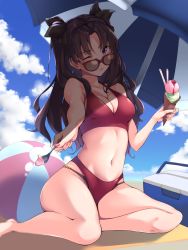 Rule 34 | 1girl, ball, beach, beach umbrella, beachball, bikini, black hair, black mutou, black ribbon, blue eyes, blue sky, breasts, cleavage, closed mouth, cloud, commentary request, cooler, double bikini, double scoop, fate/stay night, fate (series), fingernails, food, hair ribbon, halterneck, highleg, highleg bikini, highres, holding, holding food, holding spoon, ice cream, ice cream cone, incoming food, lips, lipstick, long hair, makeup, medium breasts, mismatched bikini, nail polish, navel, one eye closed, pink nails, red bikini, ribbon, shade, shadow, sharing food, sitting, skindentation, sky, smile, solo, spoon, stomach, sunglasses, sunlight, swimsuit, thick thighs, thighs, tohsaka rin, twintails, two side up, umbrella, under umbrella, yokozuwari