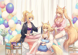 Rule 34 | 3girls, :d, alternate costume, animal ear fluff, animal ears, arknights, aunt and niece, balloon, bare legs, barefoot, black bra, black shirt, blemishine (arknights), blonde hair, blue eyes, blush, book, bottle, bowl, bra, breasts, brushing hair, cleavage, closed mouth, collarbone, commentary request, flower, gogatsu fukuin, hairdressing, holding, holding own hair, horse ears, horse girl, horse tail, indoors, large breasts, lily (flower), long sleeves, multiple girls, navel, nearl (arknights), open book, open mouth, orange eyes, pillow, pink shorts, purple bra, seiza, shirt, shorts, siblings, sisters, sitting, smile, tail, tray, underwear, vase, whislash (arknights), white flower, white shirt, white shorts, yellow eyes