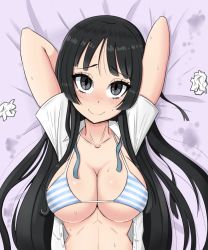 Rule 34 | 1girl, akiyama mio, bikini, black hair, blue stripes, blush, breasts, cleavage, closed mouth, collarbone, grey eyes, highres, k-on!, large breasts, long hair, looking at viewer, smile, solo, striped bikini, striped clothes, swimsuit, upper body, white stripes, young savage