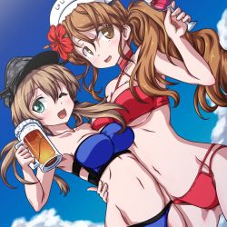 Rule 34 | 2girls, 547th sy, alcohol, anchor hair ornament, beer, beer mug, bikini, blonde hair, blue bikini, blue sky, breasts, brown eyes, brown hair, cloud, commentary request, cowboy shot, cup, drinking glass, dutch angle, grey headwear, hair ornament, hat, headdress, highres, kantai collection, littorio (kancolle), long hair, looking at viewer, low twintails, medium breasts, mug, multiple girls, one eye closed, peaked cap, ponytail, prinz eugen (kancolle), red bikini, sky, swimsuit, twintails, wavy hair, white headwear, wine, wine glass