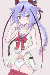 Rule 34 | 1other, black ribbon, blue bow, blue hair, blush, bow, bow panties, braid, clothes lift, clothes pull, collarbone, dress, dress lift, embarrassed, flat chest, grey background, gynoid talk, hair ribbon, horns, long hair, looking at viewer, meika mikoto, neck ribbon, panties, polka dot, polka dot panties, red eyes, red ribbon, red skirt, ribbon, shooko, skirt, skirt pull, sleeveless, sleeveless dress, standing, underwear, vocaloid, white dress, white panties
