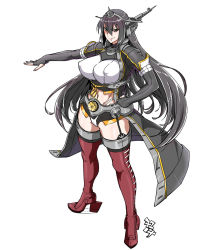 Rule 34 | 10s, 1girl, boots, breasts, fingerless gloves, garter straps, gloves, hair between eyes, hand on own hip, high heel boots, high heels, kantai collection, large breasts, long hair, midriff, nagato (kancolle), numahana, red thighhighs, simple background, smile, solo, thigh boots, thighhighs, very long hair, white background