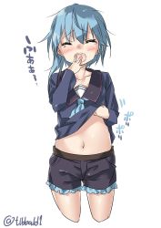 Rule 34 | 10s, 1girl, bad id, bad twitter id, belt, blue hair, blue shorts, blush, closed eyes, clothes lift, collarbone, cowboy shot, cropped legs, ebifurya, eyebrows, frilled shorts, frills, hair between eyes, hand to own mouth, hand up, highres, inactive account, kantai collection, long sleeves, messy hair, minazuki (kancolle), navel, neckerchief, open mouth, school uniform, scratching, serafuku, shirt lift, short hair with long locks, shorts, simple background, solo, stomach, tears, twitter username, white background, yawning
