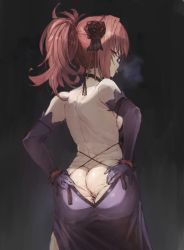 Rule 34 | 1girl, alternate costume, alternate hairstyle, anus, ass, backless dress, backless outfit, bespectacled, choker, dress, elbow gloves, fate/grand order, fate (series), futeiki kaisai shin corner, glasses, gloves, hair ornament, looking at viewer, looking back, ponytail, purple dress, purple hair, red eyes, scathach (fate), solo, spread anus, tongue, tongue out