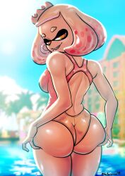 Rule 34 | 1girl, absurdres, ass, bare legs, blush, breasts, crown, fang, female focus, gluteal fold, goat (hotaruman97), highres, medium breasts, mole, mole under mouth, nintendo, one-piece swimsuit, pearl (splatoon), skindentation, solo, splatoon (series), splatoon 2, swimsuit, symbol-shaped pupils, tentacle hair, yellow eyes