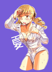 Rule 34 | 10s, 1girl, bad id, bad pixiv id, blonde hair, breasts, cleavage, cropped legs, dress shirt, drill hair, hair ornament, hobbang, large breasts, mahou shoujo madoka magica, mahou shoujo madoka magica (anime), one eye closed, open mouth, purple background, shirt, simple background, solo, sweat, sweat stain, tomoe mami, very sweaty, wet, wet clothes, wet shirt, wince, yellow eyes