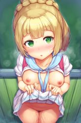 Rule 34 | 1girl, blonde hair, blunt bangs, blush, braid, breasts, clothes lift, commentary request, cowboy shot, creatures (company), game freak, green eyes, highres, lifted by self, lillie (pokemon), looking at viewer, medium breasts, miniskirt, nintendo, nipples, no panties, nose blush, pleated skirt, pokemon, pokemon sm, pussy juice, short sleeves, skirt, skirt lift, solo, sweat, thigh gap, white skirt, yuki usagi (snowcanvas)