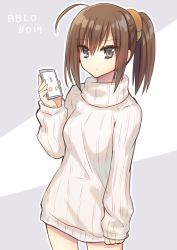 Rule 34 | 1girl, ahoge, alternate costume, angel beats!, brown eyes, brown hair, cellphone, copyright name, cowboy shot, hair ornament, hisako (angel beats!), long hair, nakamura hinato, phone, ponytail, ribbed sweater, smartphone, solo, standing, sweater, two-tone background, white sweater