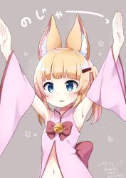 Rule 34 | 1girl, absurdres, animal ear fluff, animal ears, armpits, arms up, bell, blonde hair, blue eyes, blush, bow, brown background, commentary request, dated, detached sleeves, fox ears, hair ornament, hairclip, highres, jingle bell, kemomimi oukoku kokuei housou, long hair, long sleeves, looking at viewer, navel, neki (wakiko), nekomasu (kemomimi vr channel), parted lips, red bow, sidelocks, simple background, smile, solo, tareme, translation request, twintails, twitter username, virtual youtuber, wide sleeves
