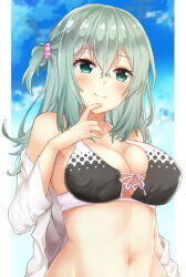 Rule 34 | 1girl, aqua hair, bare shoulders, bikini, black bikini, blue sky, blush, breasts, cleavage, closed mouth, cloud, coat, collarbone, curvy, eyelashes, finger to mouth, fingernails, green eyes, hair between eyes, hair over shoulder, highres, index finger raised, lab coat, large breasts, lips, long hair, looking at viewer, midriff, navel, open clothes, open coat, polka dot, polka dot bikini, ribbon-trimmed bikini, riddle joker, shikibe mayu, side ponytail, skindentation, sky, smile, swimsuit, tsukune (bnkv5), undressing, upper body, very long hair, yuzu-soft