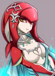Rule 34 | 1girl, breasts, colored skin, fins, fish girl, jewelry, looking at viewer, minarai, mipha, multicolored skin, necklace, nintendo, smile, solo, the legend of zelda, the legend of zelda: breath of the wild, yellow eyes, zora