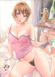Rule 34 | 1girl, absurdres, bed, beer can, blush, bottle, bottomless, breasts, brown eyes, brown hair, can, cigarette, condom, condom wrapper, curtains, drink can, female pubic hair, graphite (medium), highres, lighter, makki (tobaccos), medium breasts, nib pen (medium), original, painting (medium), pubic hair, smile, smoke, solo, table, television, tissue box, traditional media, used tissue, watercolor (medium)