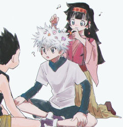 Rule 34 | ?, alluka zoldyck, bad id, bad pixiv id, black hair, blunt bangs, brother and sister, brothers, dress, gon freecss, hair ornament, hairband, hairdressing, humming, hunter x hunter, killua zoldyck, layered sleeves, long hair, long sleeves, short over long sleeves, short sleeves, siblings, sitting, smile, torohiko, white background, white hair