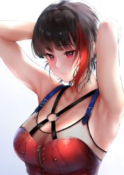 Rule 34 | 1girl, absurdres, armpits, arms behind head, arms up, bang dream!, black hair, breasts, cleavage, criss-cross halter, expressionless, fishnets, halterneck, highres, khanka shui, medium breasts, mitake ran, multicolored hair, o-ring, o-ring top, red eyes, red hair, red shirt, shirt, short hair, short ponytail, solo, streaked hair, upper body, zipper