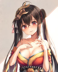 Rule 34 | 1girl, azur lane, bad id, bad pixiv id, bare shoulders, black hair, blush, breasts, cleavage, collarbone, hair ribbon, hand on own chest, hands up, highres, hinaki (hinaki 0102), japanese clothes, kimono, large breasts, long hair, looking at viewer, mask, mask on head, obi, off shoulder, parted lips, red eyes, red kimono, red ribbon, ribbon, sash, smile, solo, sweat, taihou (azur lane), twintails, upper body