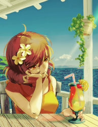 Rule 34 | 1girl, absurdres, bare arms, blue sky, brown eyes, chair, cherry, cup, dowbleearth, drinking straw, flower, food, fruit, hair flower, hair ornament, hand on own cheek, hand on own face, head rest, hibike! euphonium, highres, lemon, ocean, oumae kumiko, outdoors, parted lips, plant, potted plant, shirt, short hair, sitting, sky, sleeveless, sleeveless shirt, smile, solo, table, white flower, yellow shirt