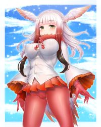 Rule 34 | 10s, 1girl, alternate breast size, bikini, bikini under clothes, blunt bangs, blush, breasts, cameltoe, cloud, commentary request, covered erect nipples, day, doyouwantto, gloves, head wings, japanese crested ibis (kemono friends), kemono friends, large breasts, long hair, long sleeves, looking at viewer, multicolored hair, pantyhose, pleated skirt, red bikini, red gloves, red hair, red pantyhose, see-through, shirt, skirt, sky, slingshot swimsuit, smile, solo, swimsuit, tail, two-tone hair, white hair, white shirt, wings, yellow eyes