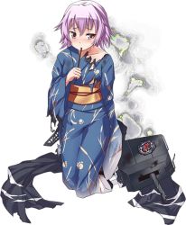 Rule 34 | 10s, 1girl, breasts, fish, goldfish, japanese clothes, kantai collection, kimono, machinery, official art, purple eyes, purple hair, sandals, short hair, small breasts, smoke, solo, tama (kancolle), torn clothes, transparent background, turret, ugume, yukata