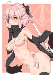 Rule 34 | &gt;:), 1girl, ahoge, areola slip, arm warmers, bare shoulders, bikini, black scarf, black thighhighs, blush, body blush, border, bow, breasts, clearite, closed mouth, cowboy shot, fate/grand order, fate (series), green eyes, hair bow, half updo, holding, holding sword, holding weapon, koha-ace, leaning forward, looking at viewer, medium breasts, micro bikini, navel, okita souji (fate), okita souji (koha-ace), outside border, pink background, ponytail, ribbon, scarf, sheath, sheathed, short hair, side-tie bikini bottom, simple background, smile, solo, standing, stomach, sweat, swimsuit, sword, thighhighs, type-moon, underboob, v-shaped eyebrows, weapon, white bikini, white border, white ribbon