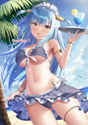 Rule 34 | 1girl, absurdres, arm behind back, azur lane, beach, bikini, bikini skirt, blue bikini, blue hair, blush, breasts, cleavage, commentary request, cup, drinking glass, frilled bikini, frills, front-tie bikini top, front-tie top, groin, hand up, happy, highres, holding, holding tray, legs apart, long hair, looking at viewer, maid headdress, makihige, medium breasts, midriff, navel, neptune (azur lane), ocean, outdoors, palm tree, shell hair ornament, side-tie bikini bottom, signature, skindentation, solo, standing, stomach, sunlight, swimsuit, thigh strap, thighs, tray, tree, underboob, upskirt, very long hair, wristband, yellow eyes