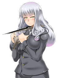 Rule 34 | 1girl, blush, breasts squeezed together, breasts, carmilla (fate), fate/grand order, fate (series), formal, grey hair, highres, large breasts, long hair, mask, pants, solo, suit, yellow eyes