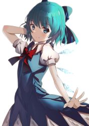 Rule 34 | 1girl, arm behind head, blue bow, blue dress, blue eyes, blue hair, bow, bowtie, cirno, closed mouth, dress, hair bow, highres, ice, ice wings, looking at viewer, natsume suzuri, puffy short sleeves, puffy sleeves, red bow, red bowtie, short hair, short sleeves, simple background, smile, solo, standing, touhou, white background, wings